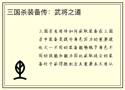三国杀装备传：武将之道